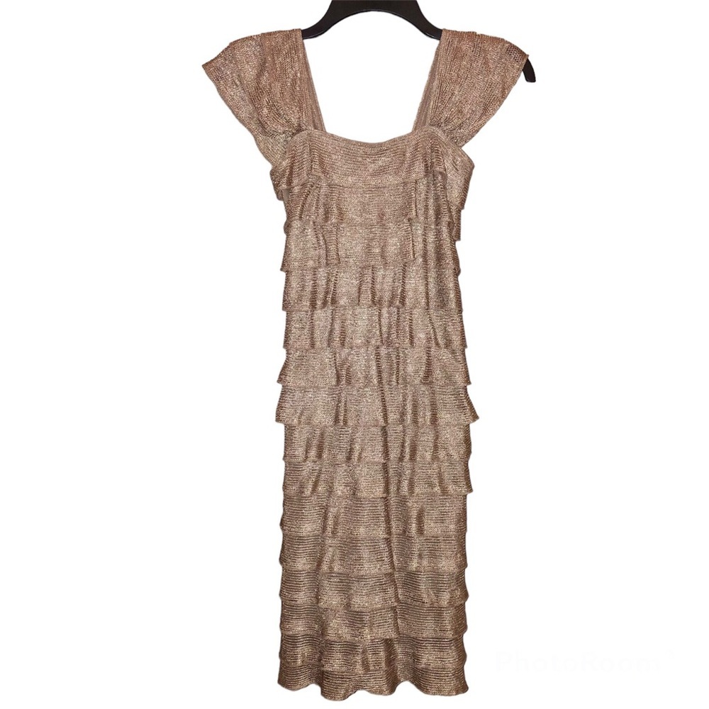Max Studio‎ Ruffle Fringe Sleeveless Tiered Dress Gold Metallic XS